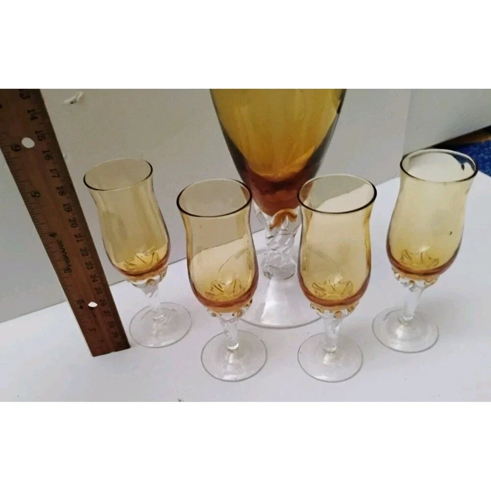 Vtg MCM Italian Murano Amber Blown Glass Decanter Twisted Stem 4 Cordial Set 15